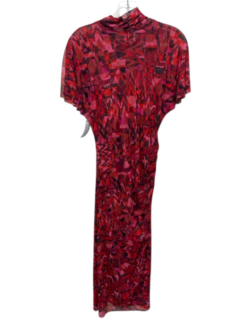 Misa Size S Red & Pink Polyester Blend Mesh Abstract Mock Neck Midi Dress Red & Pink / S