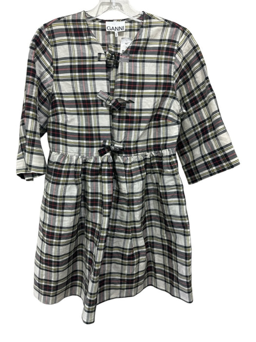 Ganni Size 34 / XS Black, White, Yellow Linen & Silk Plaid Tie Detail Dress Black, White, Yellow / 34 / XS