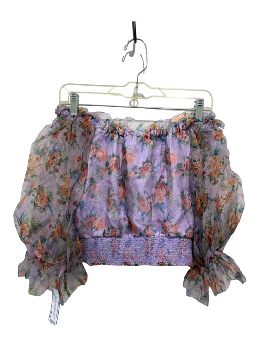 Alice & Olivia Size S Purple & Multi Silk & Polyester Short Sleeve Floral Top Purple & Multi / S