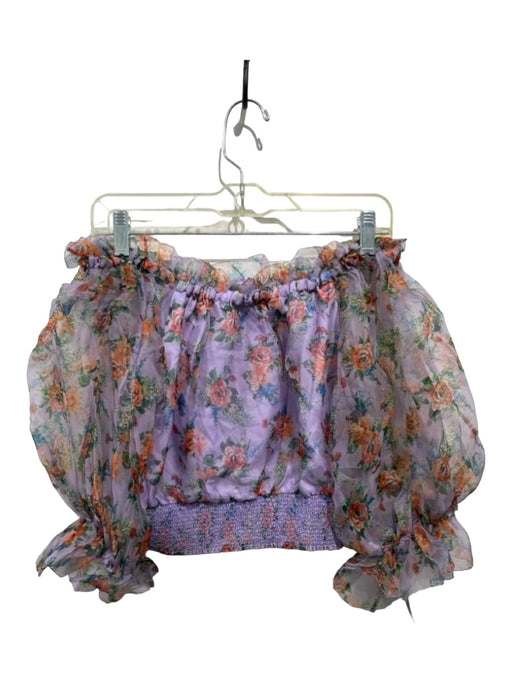 Alice & Olivia Size S Purple & Multi Silk & Polyester Short Sleeve Floral Top Purple & Multi / S