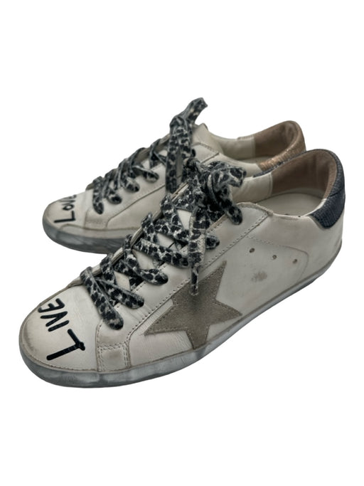 Golden Goose Shoe Size 37 White, Gray & Black Leather Lace Up Words Sneakers White, Gray & Black / 37