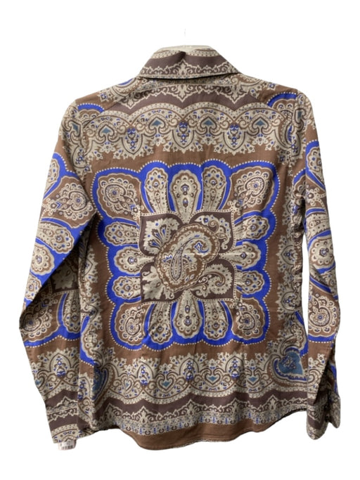 Etro Size 40 Taupe & Blue Cotton Collared Button Up Long Sleeve Paisley Blouse Taupe & Blue / 40