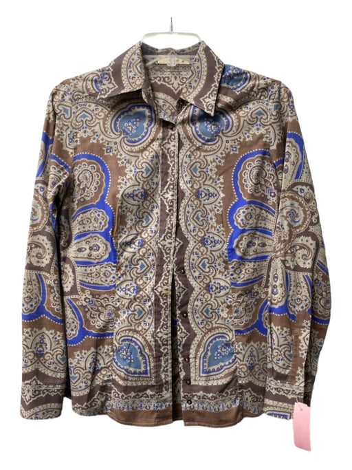 Etro Size 40 Taupe & Blue Cotton Collared Button Up Long Sleeve Paisley Blouse Taupe & Blue / 40