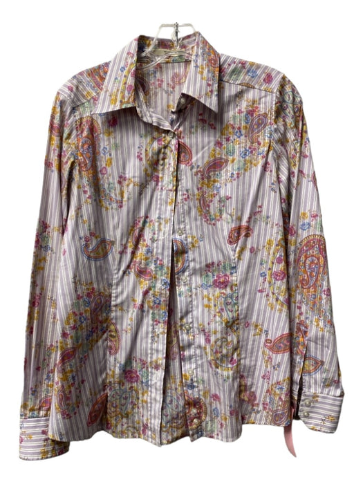 Etro Size 42 Purple Pink & Yellow Cotton Striped Floral & Abstract Blouse Purple Pink & Yellow / 42