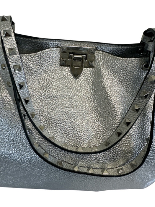 Valentino Silver Leather Pebbled Rock Studs Shoulder Strap Tote Bag Silver