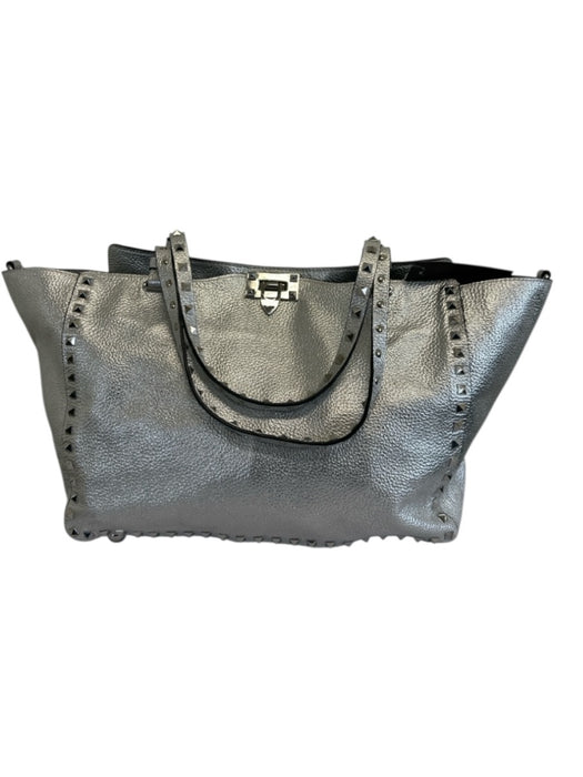 Valentino Silver Leather Pebbled Rock Studs Shoulder Strap Tote Bag Silver