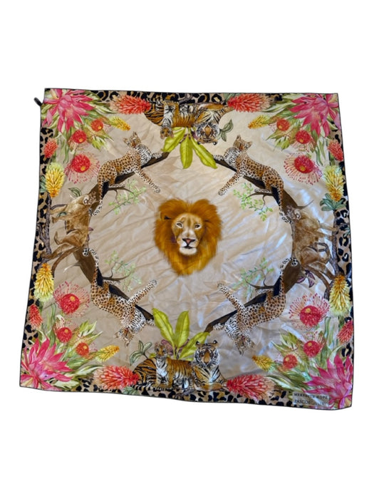 Pascoe Gallery Pink, Green, Beige Silk Rolled Hem Big Cats Floral Square scarf Pink, Green, Beige / Large