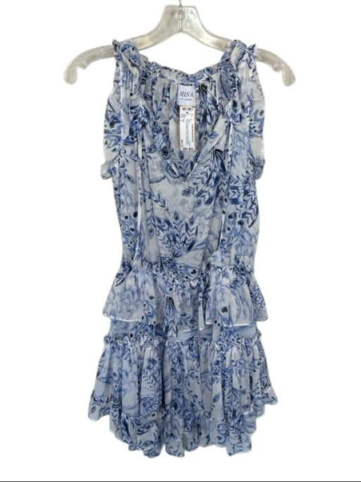 Misa Size S White & Blue Viscose Flutter Sleeves Peacock feather Ruffles Dress White & Blue / S