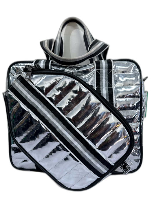 Think Royln Silver & Black Polyester Metallic Quilted Shoulder Strap Inc. Bag Silver & Black