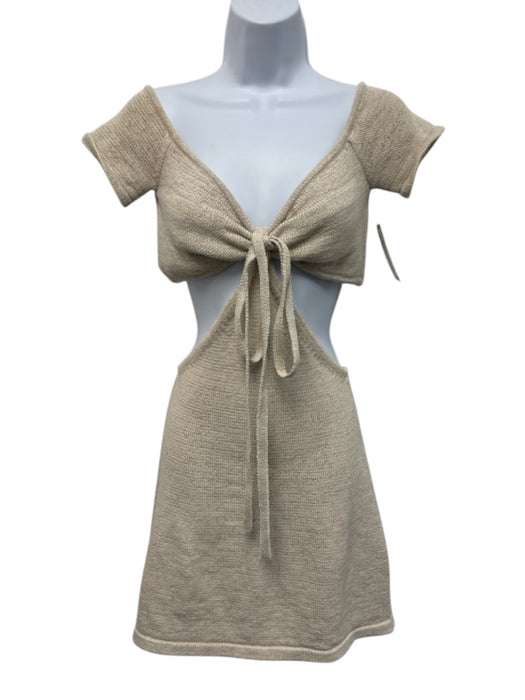 Cult Gaia Size Large Beige Cotton Blend Short Sleeve Cut Out Twist Knot Dress Beige / Large