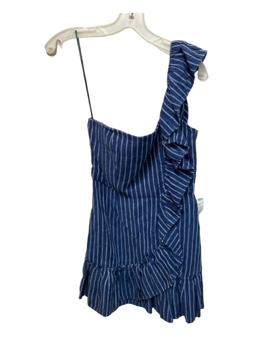 Alexis Size S Blue & White Linen Blend Pinstripe Ruffle One Shoulder Dress Blue & White / S