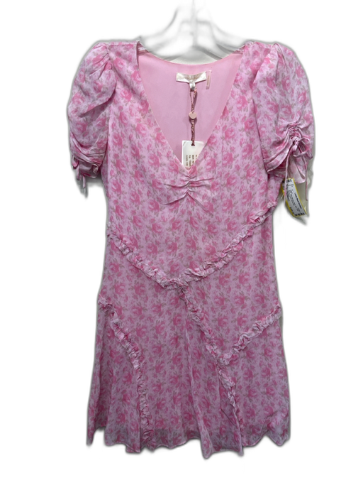 Loveshackfancy Size 0 Pink Viscose Floral Mini Short Sleeve V Neck Dress Pink / 0