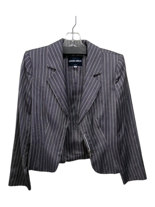 Giorgio Armani Size 38 Black & Silver Silk Blazer Striped Mini Zipper Jacket Black & Silver / 38