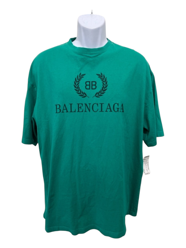 Balenciaga Size M Green & Black Cotton logo T Shirt Men's Short Sleeve