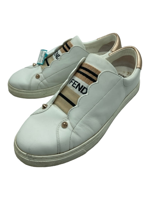 Fendi Shoe Size 37.5 White & Rose Gold Leather round toe Elastic Logo Sneakers White & Rose Gold / 37.5