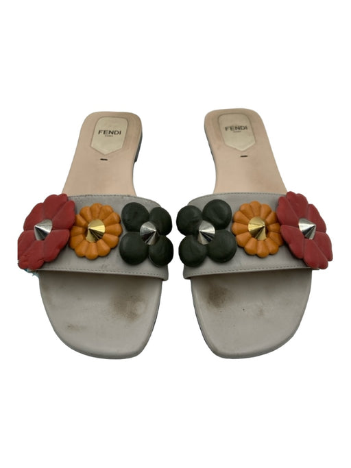 Fendi Shoe Size 37 Gray & multi Leather Floral Application Slide Sandals Gray & multi / 37