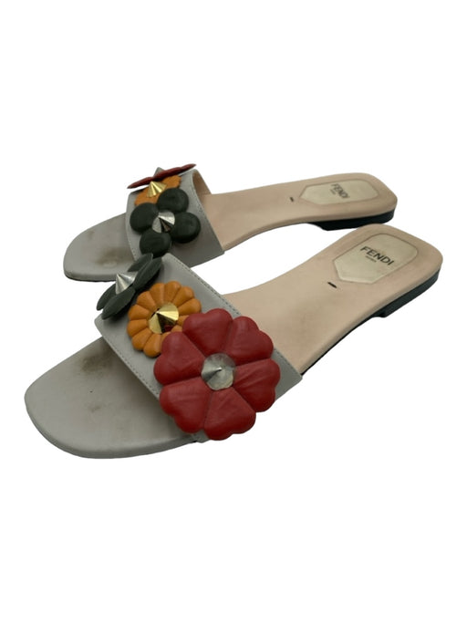 Fendi Shoe Size 37 Gray & multi Leather Floral Application Slide Sandals Gray & multi / 37