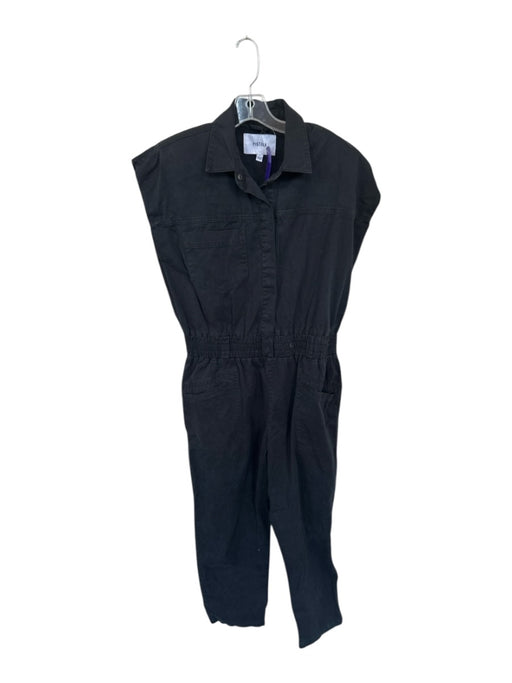 Pistola Size L Black Cotton Cuffed Cinch Waist Shoulder Pads Button up Jumpsuit Black / L