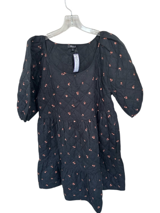 Madewell Size L Black & Pink Cotton Quilted babydoll Mini Flowers Dress Black & Pink / L