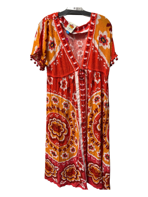 Farm Rio Size M Orange & Multi Viscose V Neck Short Sleeve Pom Pom Dress Orange & Multi / M