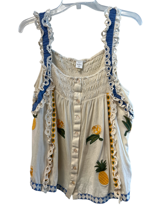 Seen Worn Kept Size M Beige, Blue & Yellow Cotton Sleeveless Embroidered Top Beige, Blue & Yellow / M