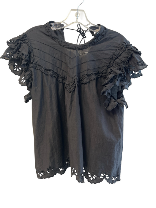 Love The Label Size L Black Cotton Short Ruffle Sleeve Eyelet Detail Top Black / L