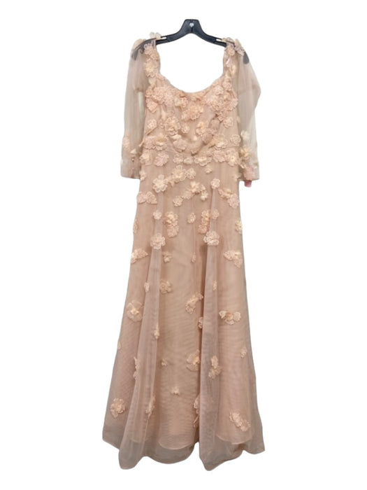 Teri Jon Size 12 Peach Pink Polyester Tulle Floral Off Shoulder Long Sleeve Gown Peach Pink / 12