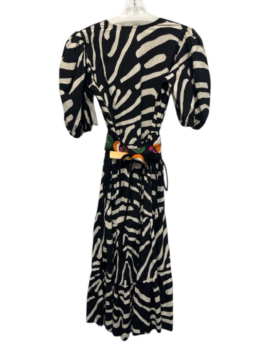Oliphant Size XS Black, White & Multi Cotton V Neck Short Puff Sleeve Dress Black, White & Multi / XS