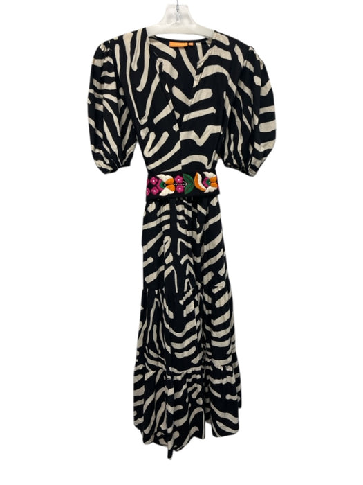 Oliphant Size XS Black, White & Multi Cotton V Neck Short Puff Sleeve Dress Black, White & Multi / XS