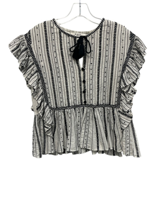 Sea New York Size 2 White & Black Cotton Ruffle Flare Sleeve Pleat Detail Top White & Black / 2
