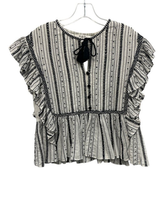 Sea New York Size 2 White & Black Cotton Ruffle Flare Sleeve Pleat Detail Top White & Black / 2