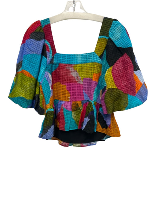 Marie Oliver Size XS Blue, Orange & Multi Linen Blend Square Neck Plaid Top Blue, Orange & Multi / XS
