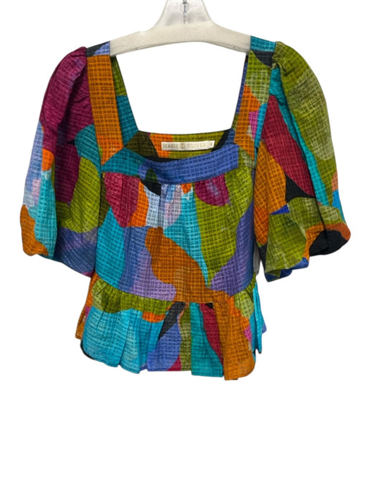 Marie Oliver Size XS Blue, Orange & Multi Linen Blend Square Neck Plaid Top Blue, Orange & Multi / XS