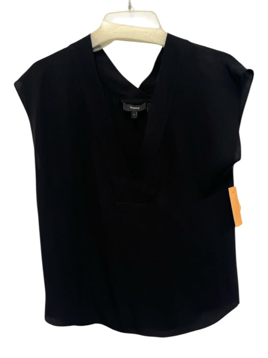 Theory Size P Black Silk Flare Sleeve V Neck Sheer Top Black / P
