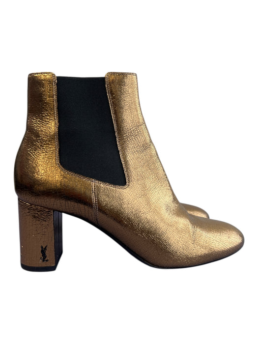 YSL Shoe Size 7.5 Gold Leather Crackle Stretch Panels Almond Toe Booties Gold / 7.5
