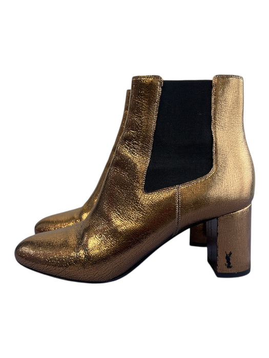 YSL Shoe Size 7.5 Gold Leather Crackle Stretch Panels Almond Toe Booties Gold / 7.5