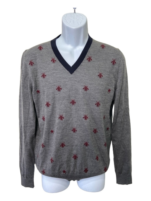 Gucci Size M Gray & Red Wool Beach V Neck Men's Sweater M