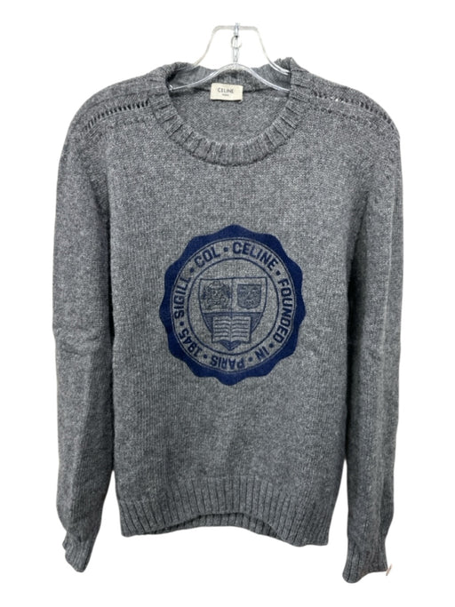 Celine Size M Gray & Navy Print Wool Blend logo Crew Men's Sweater Gray & Navy Print / M