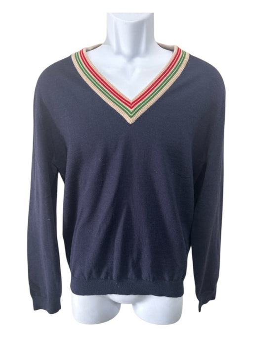 Gucci Size Est S Blue Wool Blend Solid Collar Detail V Neck Long Sleeve Shirt Blue / Est S