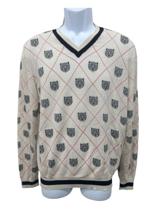 Gucci Size Est M Beige & Navy Wool Blend Plaid V Neck Men's Sweater Beige & Navy / Est M