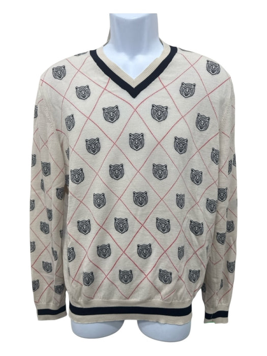 Gucci Size Est M Beige & Navy Wool Blend Plaid V Neck Men's Sweater Beige & Navy / Est M