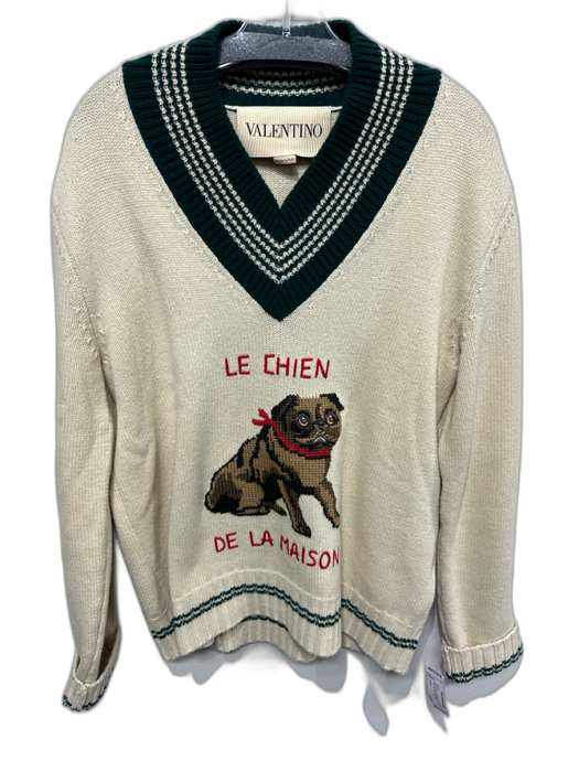 Valentino Size L Beige & Green Wool Blend Varsity V Neck Dog Men's Sweater Beige & Green / L