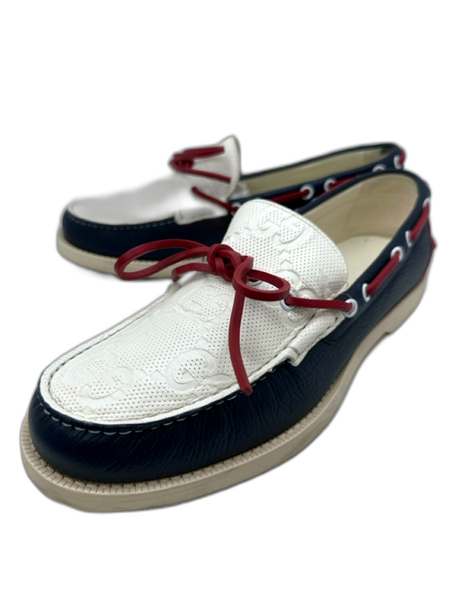 Gucci Shoe Size 7.5 White & Blue Leather Guccissima Boat Shoe Sneaker Shoes White & Blue / 7.5