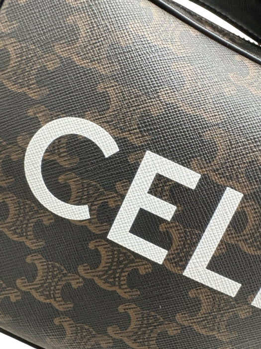 Celine White, Black, Brown Canvas & Leather Zip Close Logo Crossbody Bag White, Black, Brown / Medium