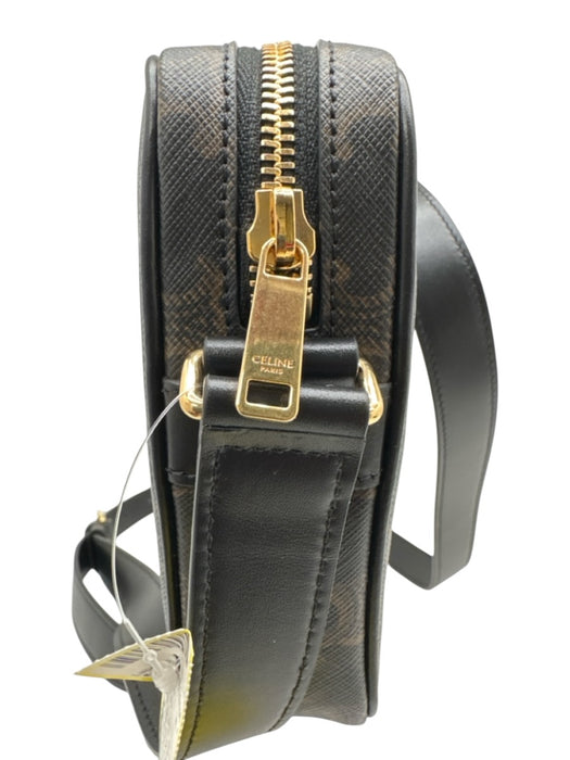 Celine White, Black, Brown Canvas & Leather Zip Close Logo Crossbody Bag White, Black, Brown / Medium