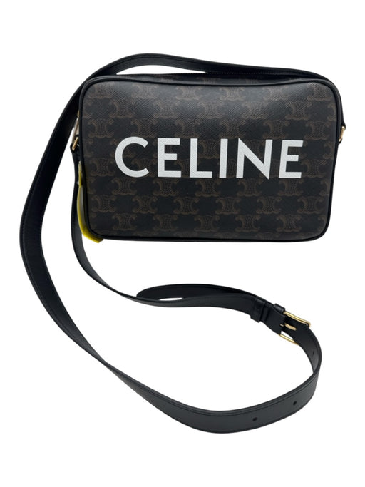 Celine White, Black, Brown Canvas & Leather Zip Close Logo Crossbody Bag White, Black, Brown / Medium