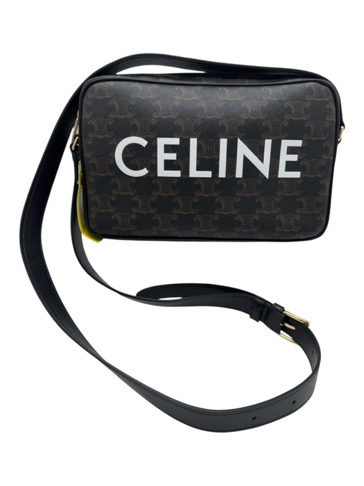 Celine White, Black, Brown Canvas & Leather Zip Close Logo Crossbody Bag White, Black, Brown / Medium