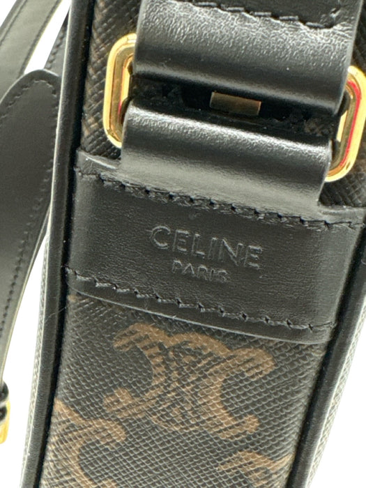 Celine White, Black, Brown Canvas & Leather Zip Close Logo Crossbody Bag White, Black, Brown / Medium