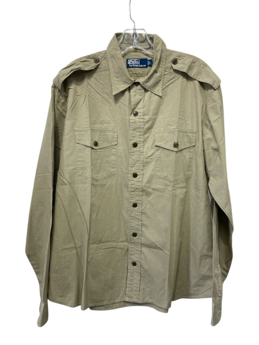 Polo Size L Tan Cotton Solid Button Up Front Pockets Men's Long Sleeve Shirt Tan / L
