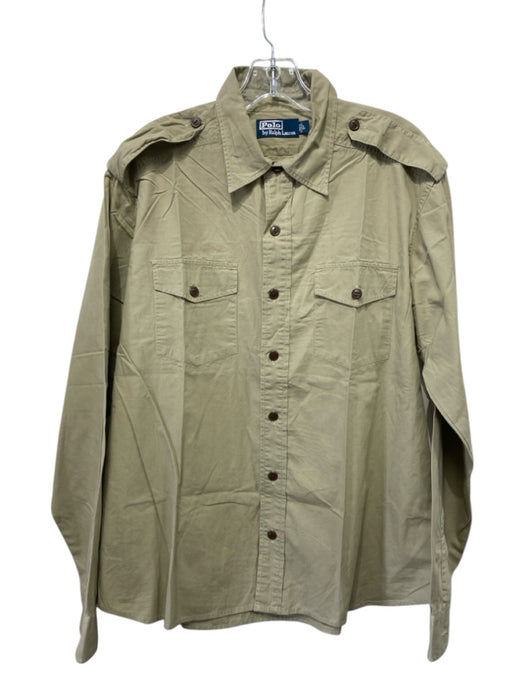Polo Size L Tan Cotton Solid Button Up Front Pockets Men's Long Sleeve Shirt Tan / L